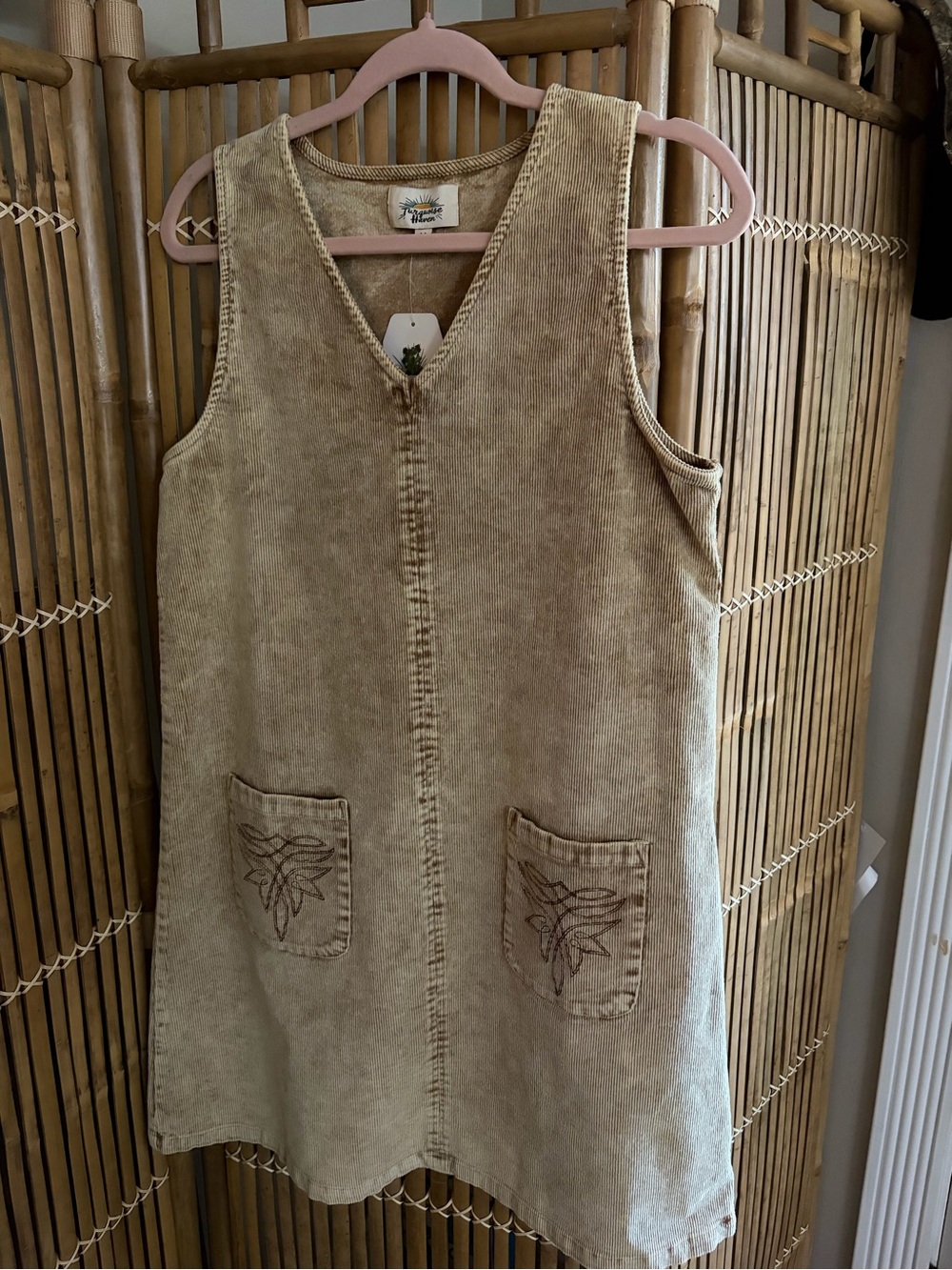 Corduroy V-Neck Shift Dress with Embroidered Pockets - Tan